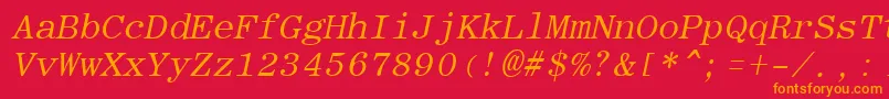 RomanfixedwidthItalic-Schriftart – Orangefarbene Schriften auf rotem Hintergrund