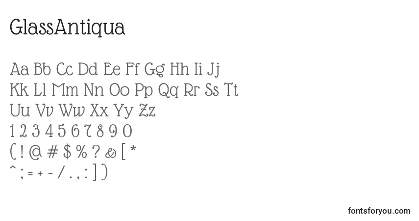 Czcionka GlassAntiqua – alfabet, cyfry, specjalne znaki