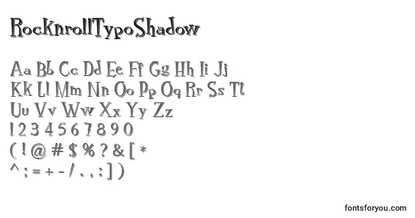 Czcionka RocknrollTypoShadow – alfabet, cyfry, specjalne znaki