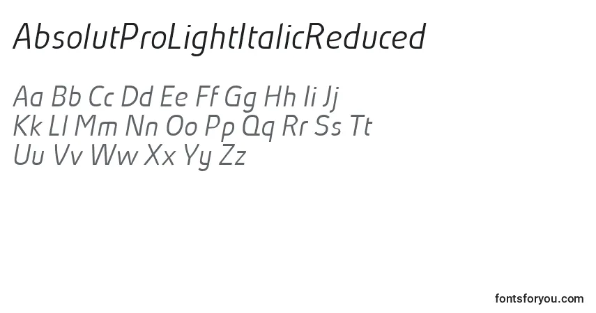 Schriftart AbsolutProLightItalicReduced (28375) – Alphabet, Zahlen, spezielle Symbole