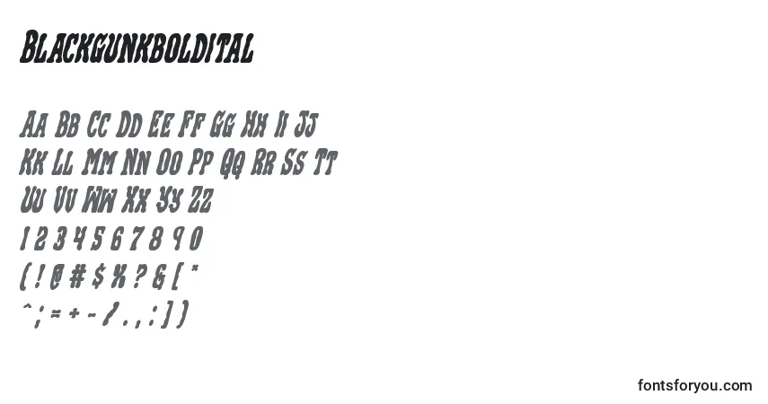Шрифт Blackgunkboldital – алфавит, цифры, специальные символы