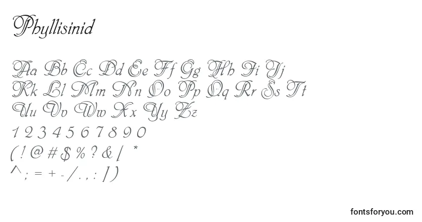Fuente Phyllisinid - alfabeto, números, caracteres especiales