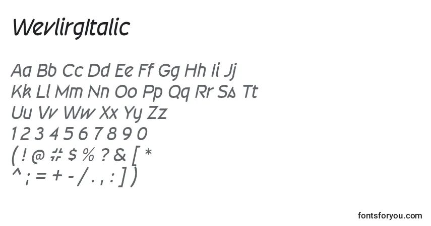 Шрифт WevlirgItalic – алфавит, цифры, специальные символы
