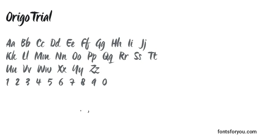 A fonte OrigoTrial – alfabeto, números, caracteres especiais