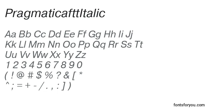 A fonte PragmaticafttItalic – alfabeto, números, caracteres especiais