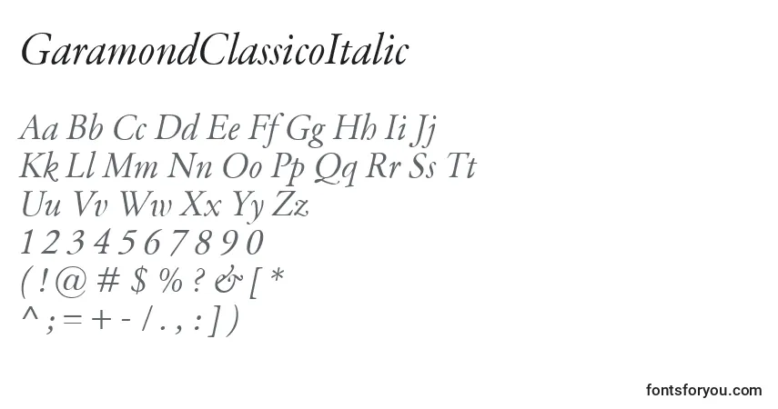 Czcionka GaramondClassicoItalic – alfabet, cyfry, specjalne znaki