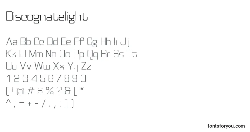 Czcionka Discognatelight – alfabet, cyfry, specjalne znaki