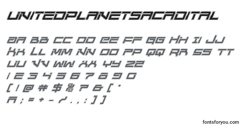 Schriftart Unitedplanetsacadital – Alphabet, Zahlen, spezielle Symbole
