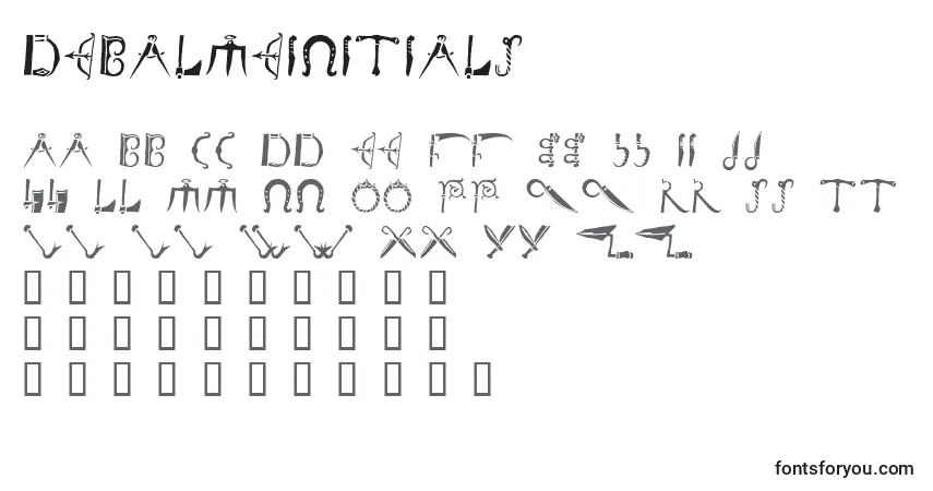 A fonte Debalmeinitials – alfabeto, números, caracteres especiais