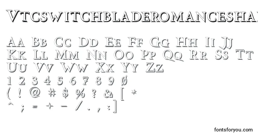 A fonte Vtcswitchbladeromanceshadowed – alfabeto, números, caracteres especiais
