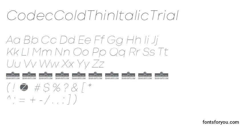 Czcionka CodecColdThinItalicTrial – alfabet, cyfry, specjalne znaki
