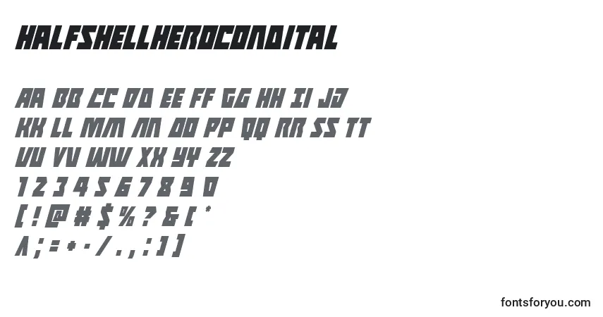 Schriftart Halfshellherocondital – Alphabet, Zahlen, spezielle Symbole