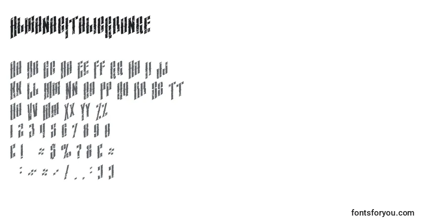 Schriftart AlmanacItalicGrunge (28493) – Alphabet, Zahlen, spezielle Symbole