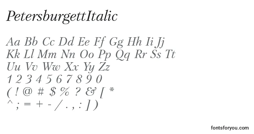 Schriftart PetersburgettItalic – Alphabet, Zahlen, spezielle Symbole