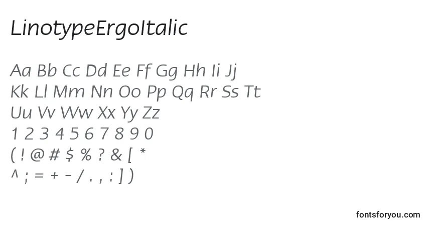 LinotypeErgoItalic-fontti – aakkoset, numerot, erikoismerkit