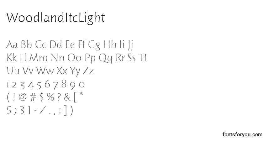 Czcionka WoodlandItcLight – alfabet, cyfry, specjalne znaki