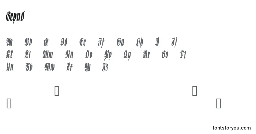 Schriftart Sepud – Alphabet, Zahlen, spezielle Symbole