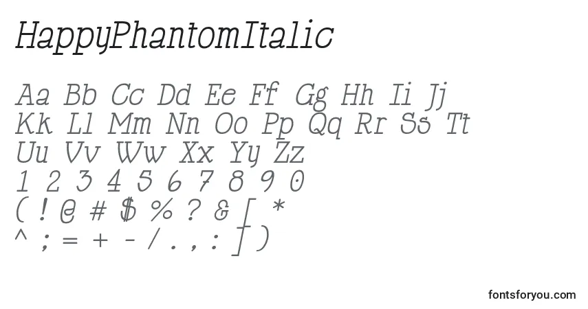 Шрифт HappyPhantomItalic – алфавит, цифры, специальные символы