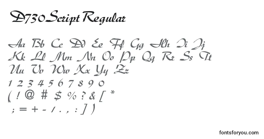 D730ScriptRegular-fontti – aakkoset, numerot, erikoismerkit