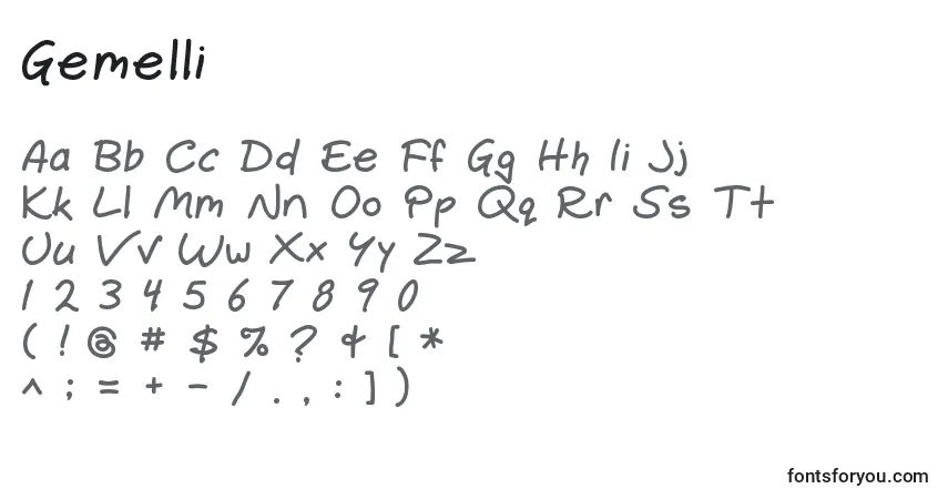 A fonte Gemelli – alfabeto, números, caracteres especiais