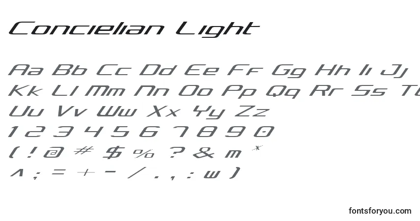 Schriftart Concielian Light – Alphabet, Zahlen, spezielle Symbole