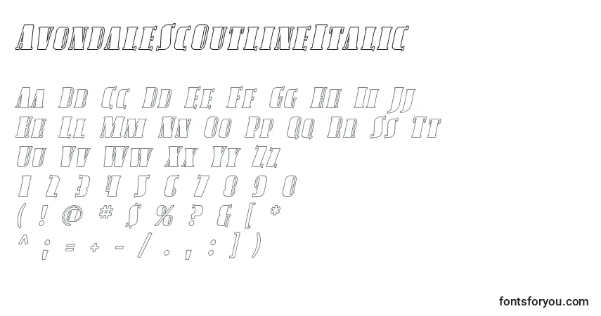 A fonte AvondaleScOutlineItalic – alfabeto, números, caracteres especiais