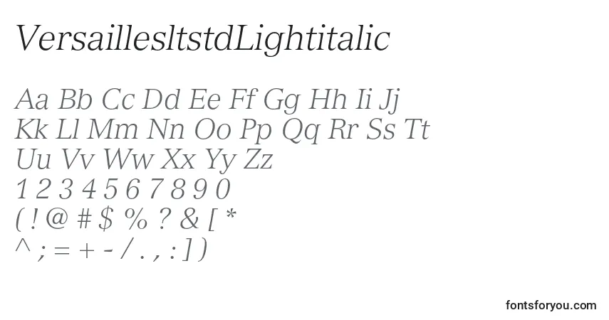 A fonte VersaillesltstdLightitalic – alfabeto, números, caracteres especiais