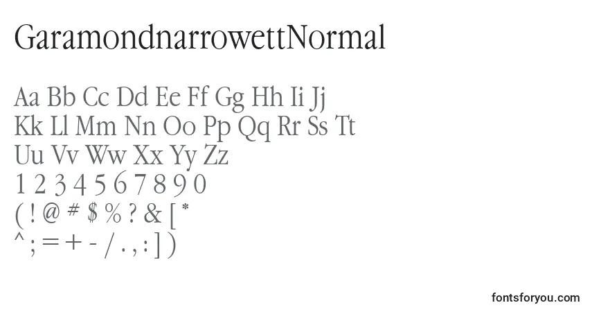 A fonte GaramondnarrowettNormal – alfabeto, números, caracteres especiais