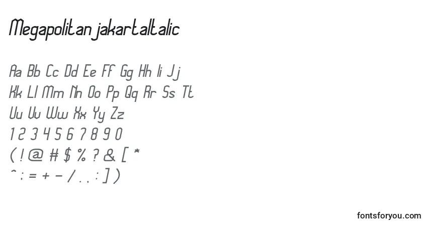 A fonte MegapolitanjakartaItalic – alfabeto, números, caracteres especiais
