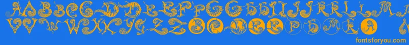 Schnoerkelcaps-Schriftart – Orangefarbene Schriften auf blauem Hintergrund