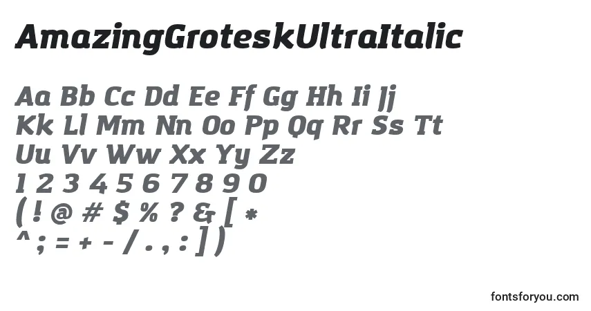 Czcionka AmazingGroteskUltraItalic – alfabet, cyfry, specjalne znaki