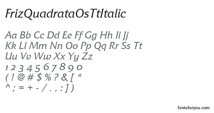 Czcionka FrizQuadrataOsTtItalic – alfabet, cyfry, specjalne znaki