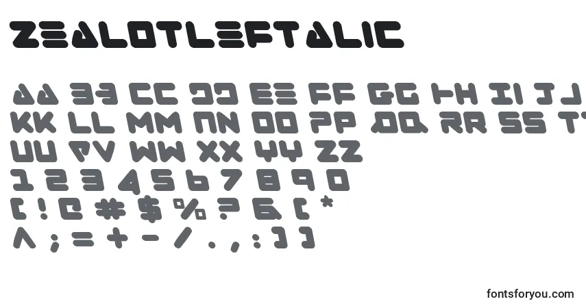 Czcionka ZealotLeftalic – alfabet, cyfry, specjalne znaki