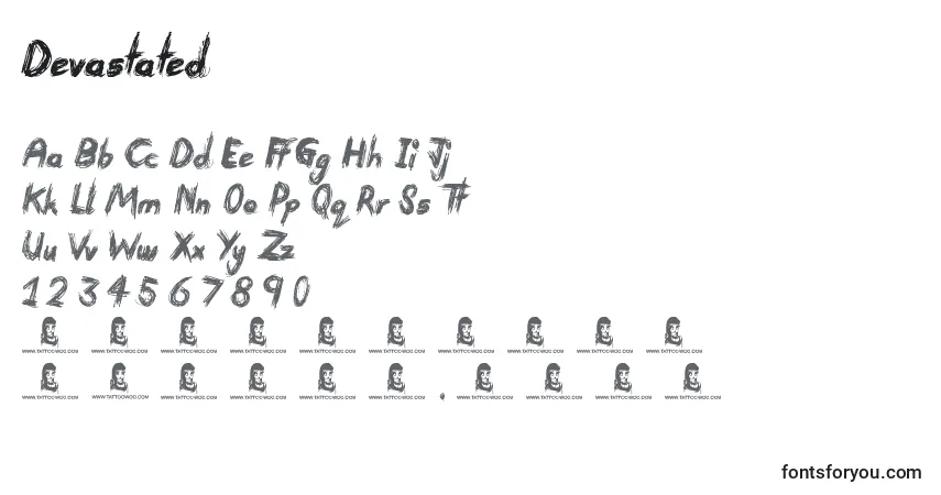 Czcionka Devastated – alfabet, cyfry, specjalne znaki