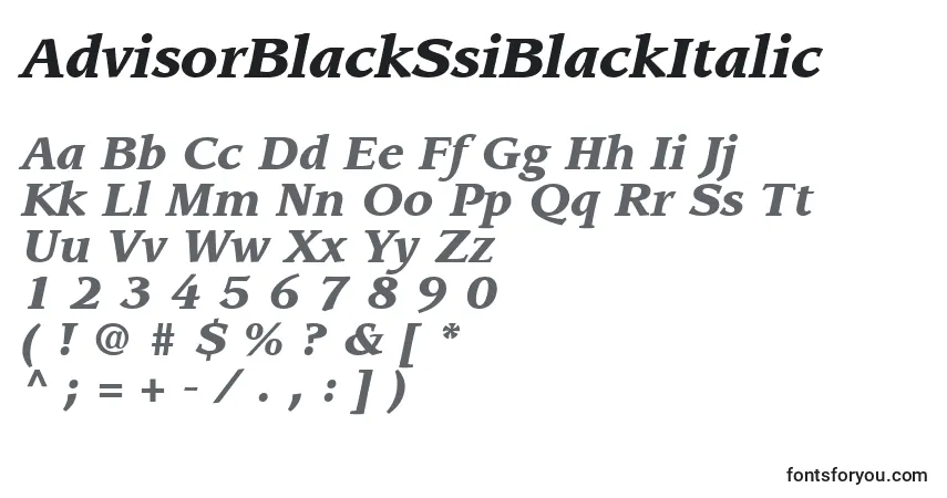 A fonte AdvisorBlackSsiBlackItalic – alfabeto, números, caracteres especiais