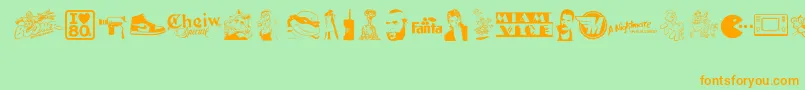 フォントILove80s – オレンジの文字が緑の背景にあります。