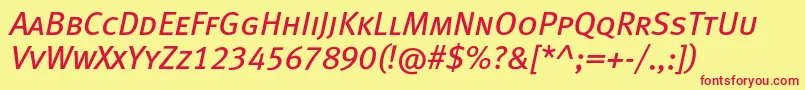 MetabookcapslfcItalic-Schriftart – Rote Schriften auf gelbem Hintergrund
