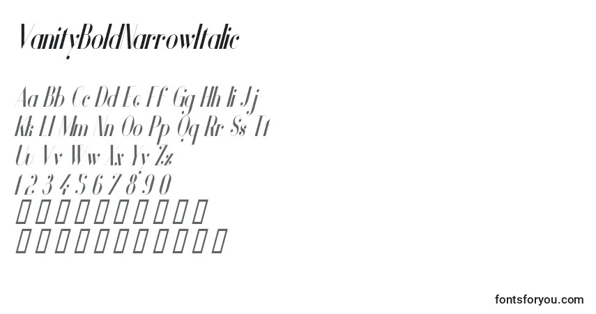 Schriftart VanityBoldNarrowItalic – Alphabet, Zahlen, spezielle Symbole
