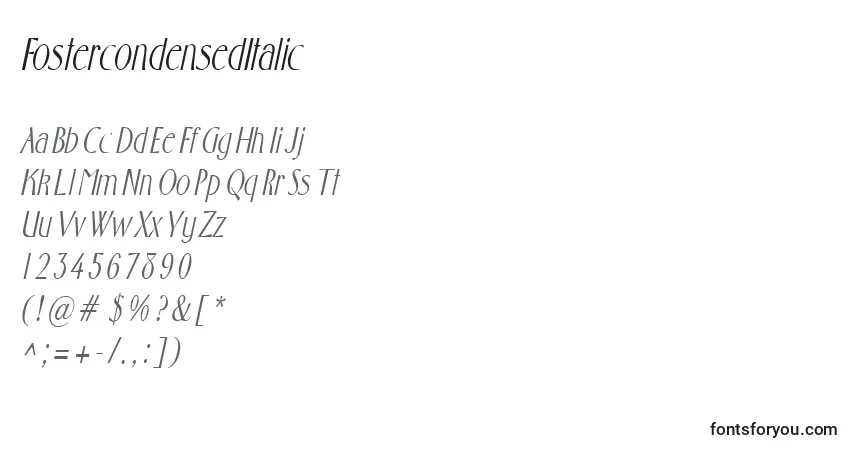 Czcionka FostercondensedItalic – alfabet, cyfry, specjalne znaki