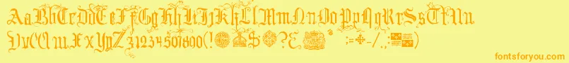 Weitere Informationen zur YourRoyalMajestyFancy-Schriftart YourRoyalMajestyFancy-Schriftart – Orangefarbene Schriften auf gelbem Hintergrund