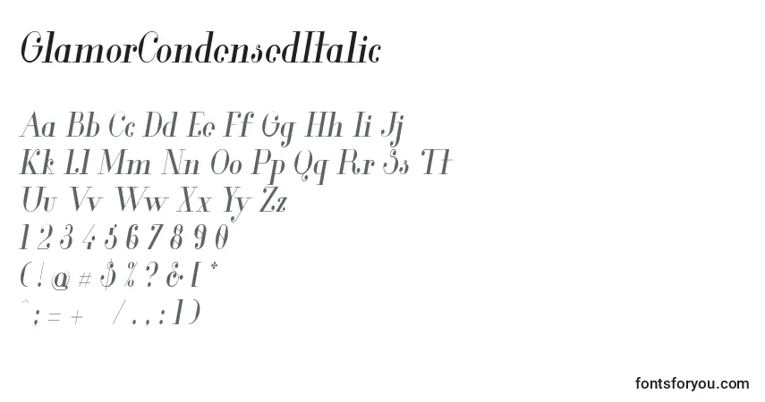 Czcionka GlamorCondensedItalic – alfabet, cyfry, specjalne znaki