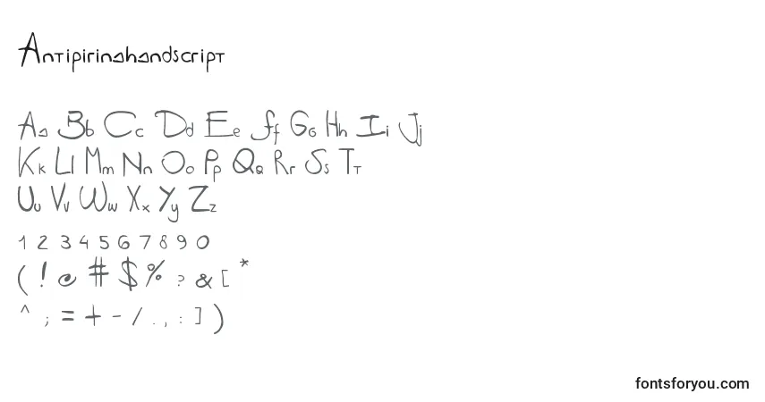 Czcionka Antipirinahandscript – alfabet, cyfry, specjalne znaki