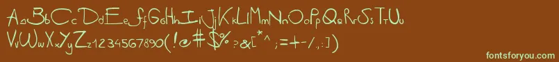 フォントAntipirinahandscript – 緑色の文字が茶色の背景にあります。