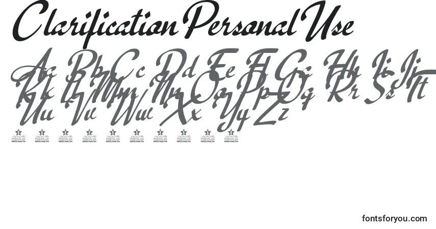 A fonte ClarificationPersonalUse – alfabeto, números, caracteres especiais