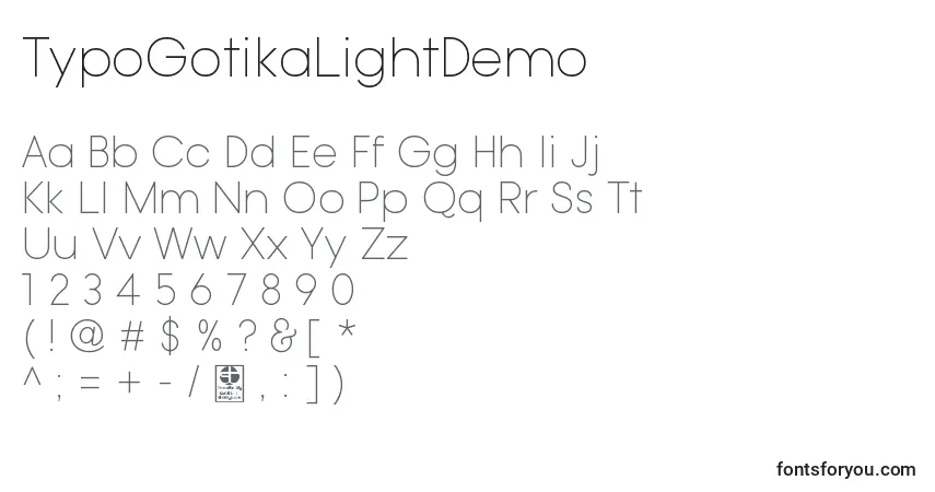 Czcionka TypoGotikaLightDemo – alfabet, cyfry, specjalne znaki