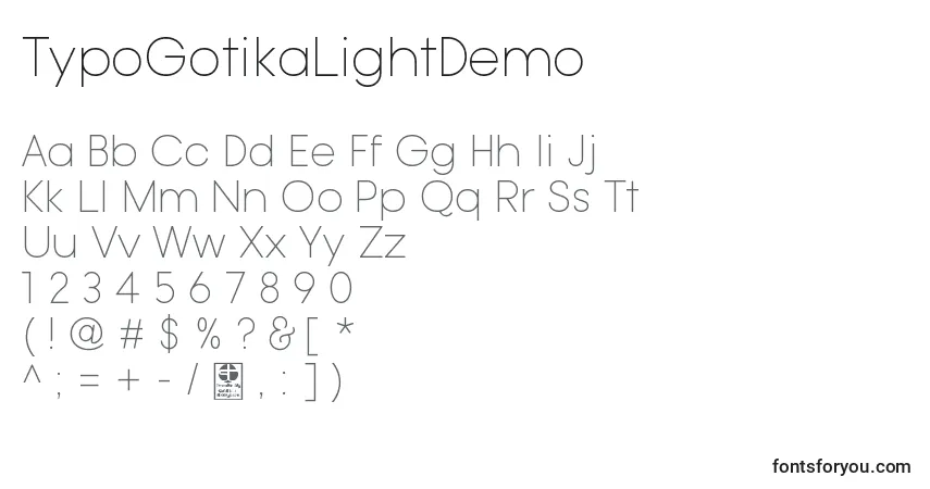 A fonte TypoGotikaLightDemo – alfabeto, números, caracteres especiais