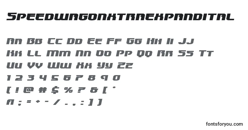 A fonte Speedwagonxtraexpandital – alfabeto, números, caracteres especiais