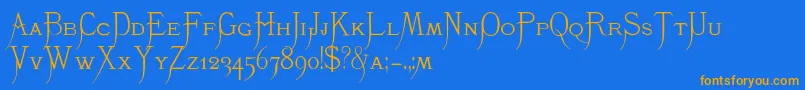 フォントK22Monastic – オレンジ色の文字が青い背景にあります。