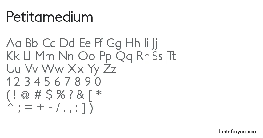 Fuente Petitamedium - alfabeto, números, caracteres especiales