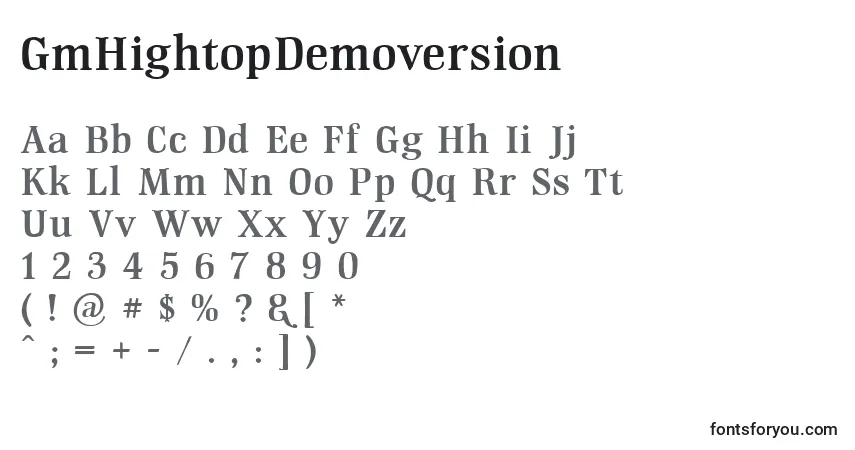 Czcionka GmHightopDemoversion – alfabet, cyfry, specjalne znaki